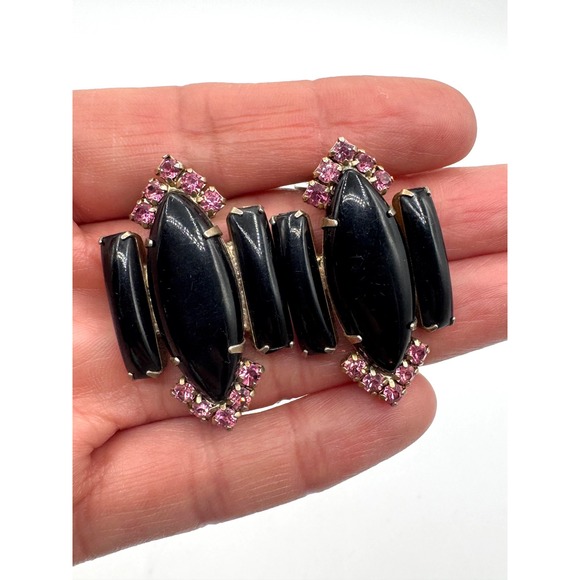 Jewelry - Vintage Black Cabochon Pink Rhinestone Clip On Earrings Mid Century Modern